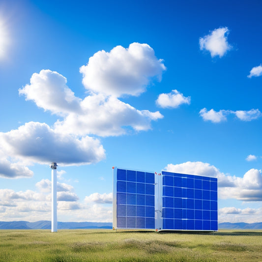 A futuristic, high-tech illustration featuring a sleek, silver solar panel array connected to a modern, compact energy storage system, set against a bright blue sky with fluffy white clouds.