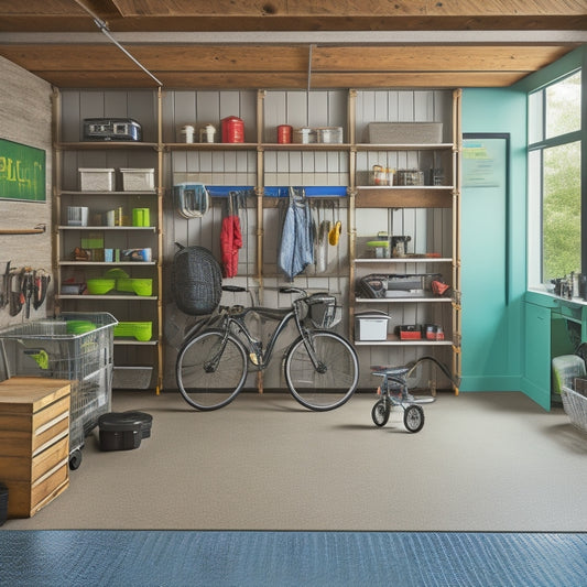 A well-organized garage interior with a slatwall, hooks, and bins, featuring a securely stored riding lawn mower, a stacked washer and dryer, and a neatly hung bicycle.