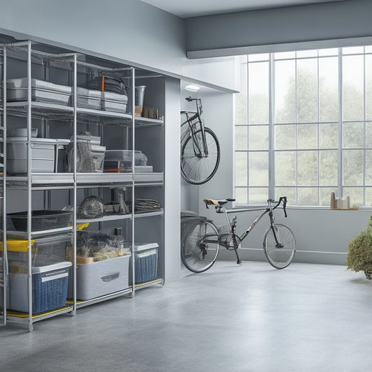 A clutter-free garage with a sleek, silver Versa Lift system installed, holding various storage bins and bicycles, surrounded by a minimalist grey and white color scheme and plenty of natural light.