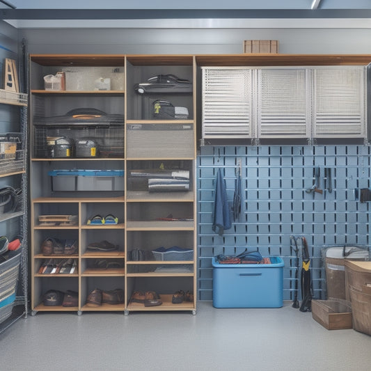 A clutter-free garage interior with slatwall panels, sleek metal shelves, and labeled bins, alongside a pegboard with hanging tools and a floor-to-ceiling storage cabinet with glass doors.