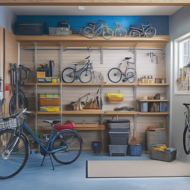 A cluttered garage with tools scattered on the floor, bicycles and luggage piled haphazardly, contrasted with a sleek, organized space featuring custom shelving, bins, and a pegboard, with a few well-placed bikes and tools.