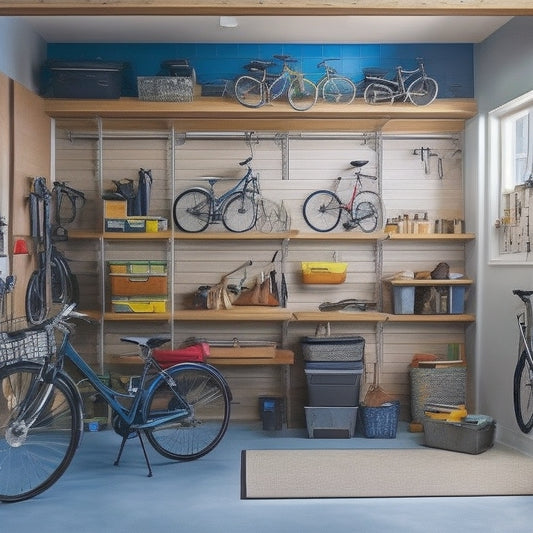 A cluttered garage with tools scattered on the floor, bicycles and luggage piled haphazardly, contrasted with a sleek, organized space featuring custom shelving, bins, and a pegboard, with a few well-placed bikes and tools.