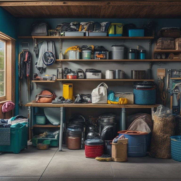 A cluttered small garage with camping gear scattered around, contrasted with a tidy, organized section featuring stacked bins, hanging bags, and a pegboard with hooks, showcasing efficient storage solutions.