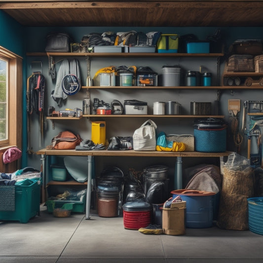 A cluttered small garage with camping gear scattered around, contrasted with a tidy, organized section featuring stacked bins, hanging bags, and a pegboard with hooks, showcasing efficient storage solutions.