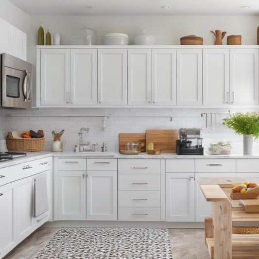 A bright, modern kitchen with sleek, white cabinets featuring pull-out drawers, soft-close doors, and a built-in utensil organizer, contrasting with a cluttered, outdated kitchen in the background.