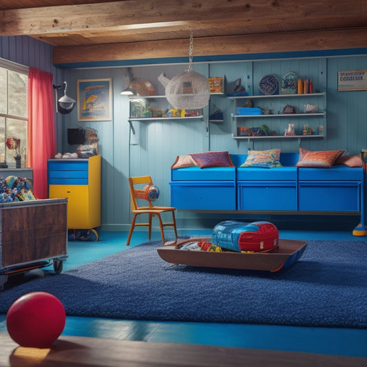 A vibrant, well-lit garage interior with a colorful play area, complete with a mini basketball hoop, a foosball table, and a cozy reading nook with plush pillows and a bookshelf.
