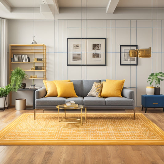 An illustration of a modern living room with measuring tapes, levels, and furniture at varying heights, showcasing optimal spacing and proportions, with subtle grid lines in the background.