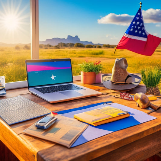 A sunlit, modern office desk with a Texas state flag and a laptop displaying a business plan, surrounded by colorful folders, pens, and a miniature cowboy boot, set against a warm, sunny Texas landscape background.