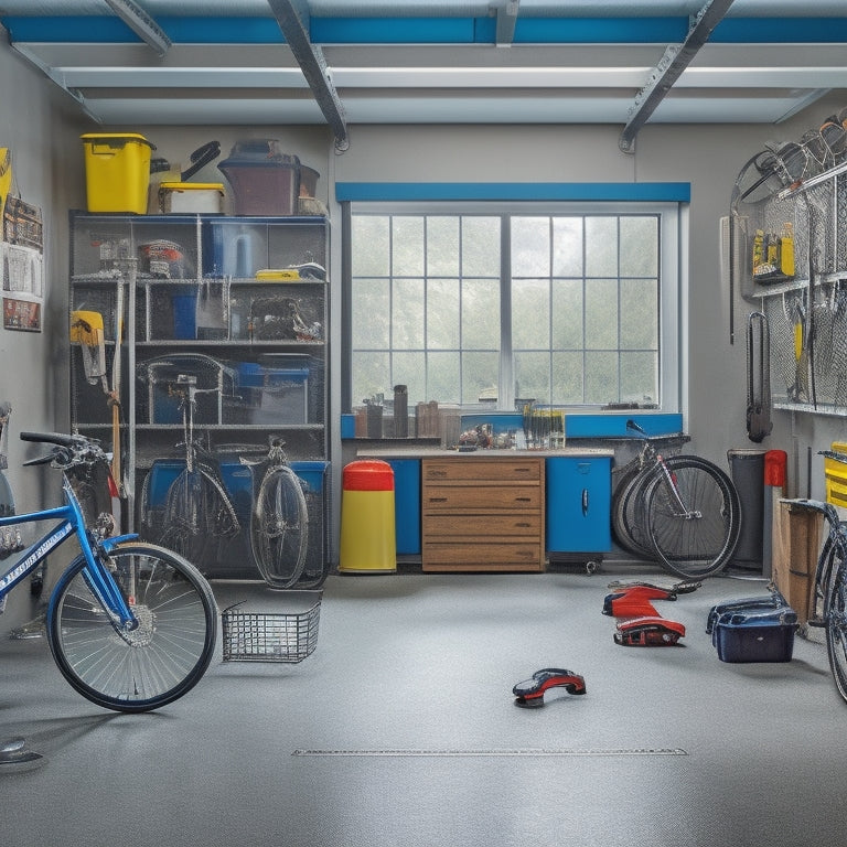 A cluttered garage with broken bicycles, scattered tools, and dusty storage bins, contrasted with a sleek, organized garage with labeled cabinets, a polished floor, and a sports car parked in the center.