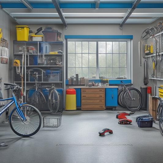 A cluttered garage with broken bicycles, scattered tools, and dusty storage bins, contrasted with a sleek, organized garage with labeled cabinets, a polished floor, and a sports car parked in the center.