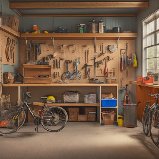 A cluttered garage with tools scattered on the floor, bicycles leaning against walls, and boxes stacked haphazardly, transformed into a tidy space with labeled bins, a pegboard, and a sleek workbench.