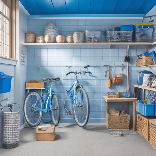 A cluttered garage transforms into an organized space with affordable storage solutions: bins, baskets, and shelves in a calming blue and white color scheme, with a few tools and bikes neatly arranged.