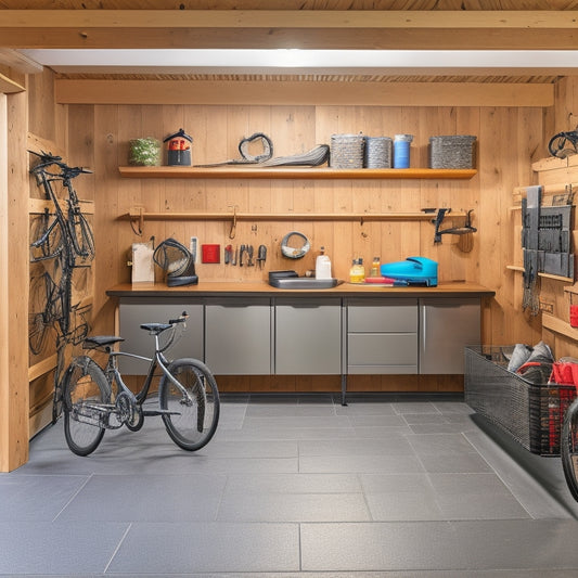 A well-lit, clutter-free garage with sleek epoxy-coated floors, organized tool stations, and a slatwall with neatly hung bicycles, shovels, and storage bins, surrounded by a warm, natural wood trim.