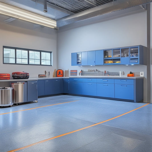 A bright, modern garage with polished concrete floors, sleek gray cabinets, and a stunning epoxy-coated workbench, surrounded by organized tool stations and a few sports cars in the background.