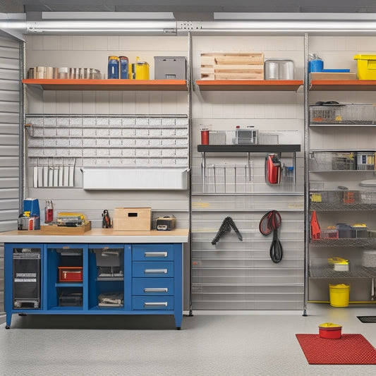 A well-organized garage with a slatwall, hooks, and bins, featuring a pegboard with tools, a shelving unit with labeled containers, and a floor-to-ceiling storage cabinet with a sliding door.