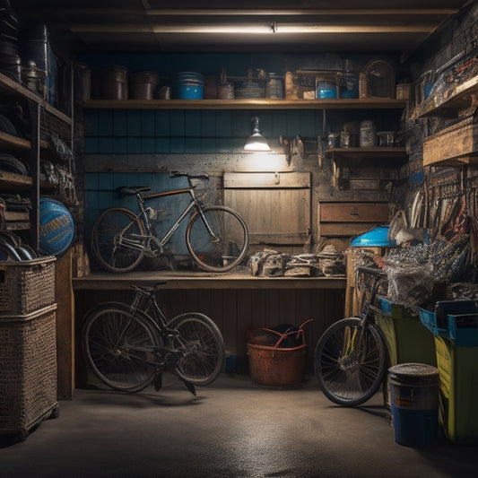 A dimly lit garage with cluttered shelves, rusty bicycles, and scattered tools, contrasted with a small, organized section featuring a labelled storage bin, a neatly hung bike, and a few tidy toolboxes.