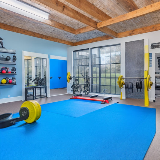 A bright, spacious garage converted into a home gym with sleek, modern equipment, mirrors, and a polished wooden floor, surrounded by motivational fitness quotes on the walls in bold, colorful graphics.