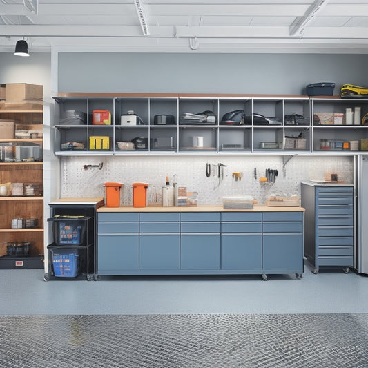 A clutter-free garage with sleek, silver cabinets, labeled bins, and a slatted wall system, featuring a parked car, gleaming floor, and a few strategically placed tools and accessories.
