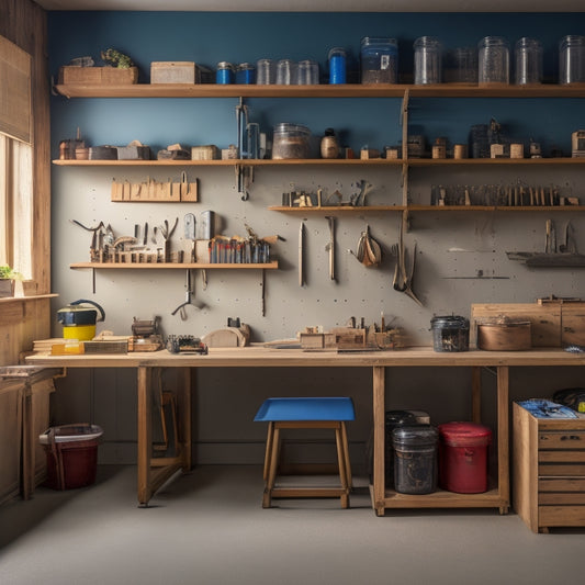 A tidy workshop with a wooden workbench, a pegboard with neatly arranged tools, and a custom-built shelving unit with labeled storage bins, surrounded by a calm, natural background.