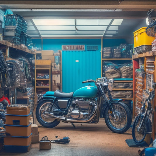 A cluttered and cramped garage with a motorcycle awkwardly squeezed between piles of boxes, tools, and other storage containers, with a faint outline of a more organized system in the background.