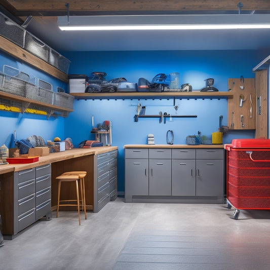A well-lit, clutter-free garage interior with a sleek epoxy floor, Pegboard-covered walls, and a custom-built cabinetry system, featuring labeled bins, hooks, and a workbench with a vice and toolbox.