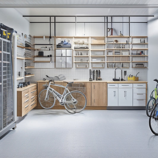 A clutter-free garage with sleek, white cabinets, chrome handles, and a slatted wooden workbench, surrounded by organized tools, bicycles, and sports equipment, with a gleaming epoxy-coated floor.