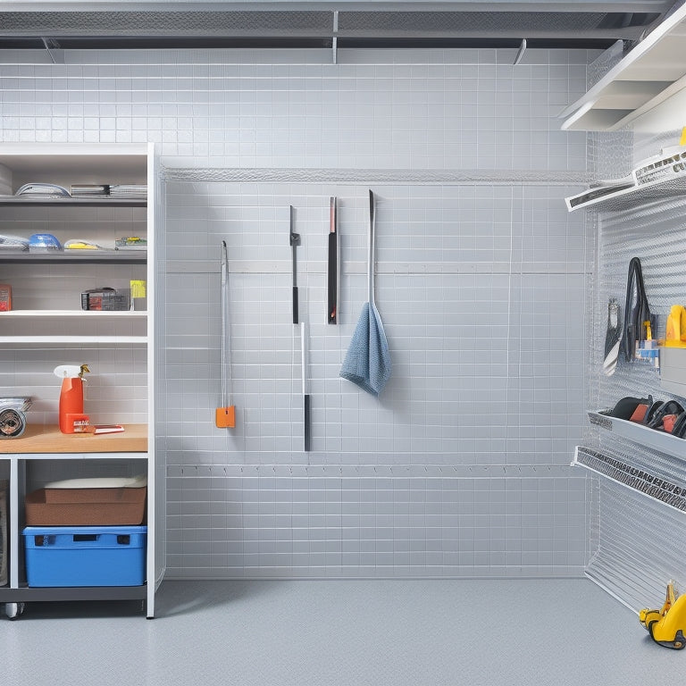 An organized garage with sleek, wall-mounted cabinets, a slatted ceiling storage system, and a custom pegboard with neatly hung tools, set against a clean, light-gray concrete floor and bright white walls.