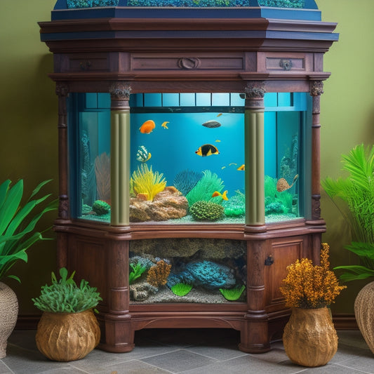 An aquarium stand with intricately carved wooden pillars, adorned with seashells and starfish, supporting a vibrant saltwater tank teeming with colorful fish, surrounded by lush greenery and subtle ocean-inspired accents.