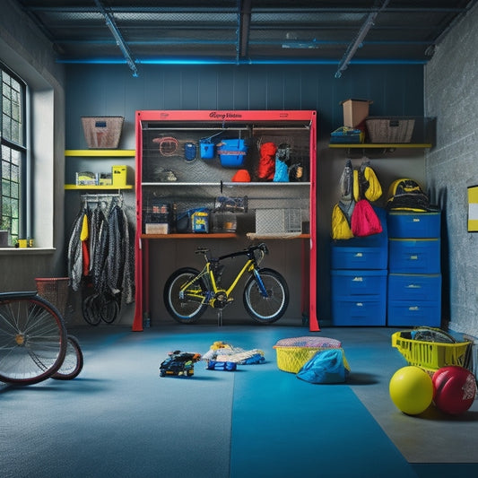 A well-lit, spacious garage with a basketball hoop, colorful bins, and labeled storage units, featuring a kid's bike, helmet, and ball, surrounded by a tidy, epoxy-coated floor.