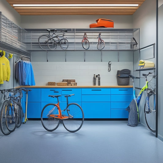 A well-organized garage interior with sleek, modern cabinets, slatwall panels, and hooks, surrounded by a few bicycles, tools, and sports equipment, with a bright, polished concrete floor.