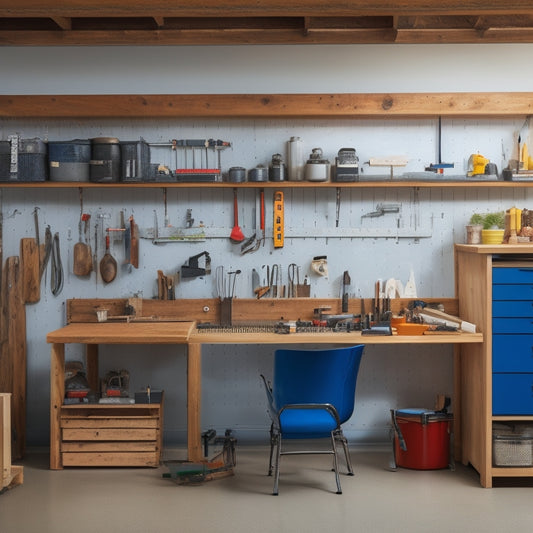 A clutter-free garage with a sleek, silver pegboard on the left wall, holding neatly organized tools and accessories, and a wooden workbench in the center with a vice and scattered projects.