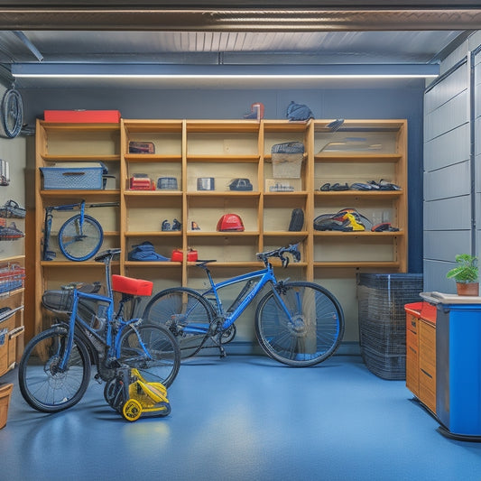 A tidy, well-lit garage with sleek metal cabinets, labeled bins, and a slatwall with hooks, baskets, and a foldable workbench, surrounded by a few bicycles, tools, and a sports car.