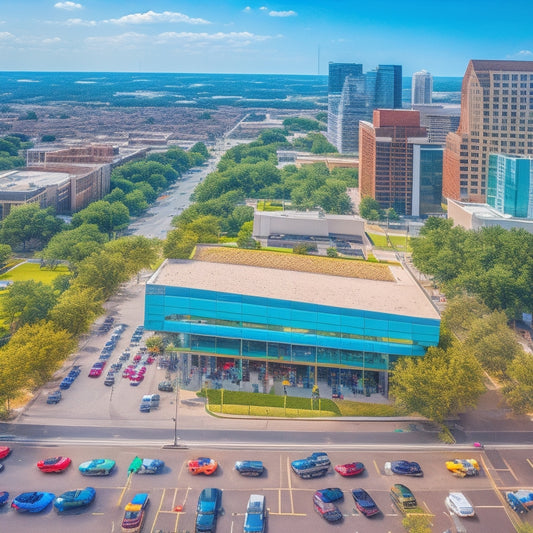 A vibrant, aerial view of a bustling North Dallas shopping district, showcasing trendy boutiques, sleek cars, and stylish people amidst a backdrop of sleek skyscrapers and lush greenery.