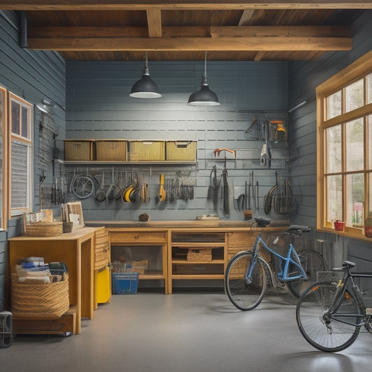 A well-organized garage with a slatted wall system, multi-tiered shelving, and a workspace with a vice, surrounded by neatly stored tools, bicycles, and storage bins, lit by a large window.