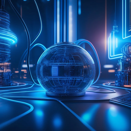 A futuristic, high-tech background with sleek lines and neon lights, featuring a stylized, glowing lightbulb surrounded by swirling circuits, wires, and gears, with a subtle gradient of blues and whites.