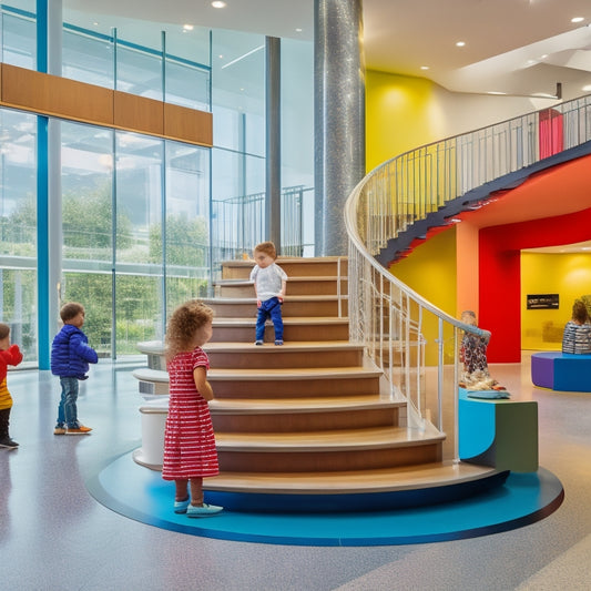 A vibrant, modern museum lobby with a grand staircase, colorful artwork on walls, and diverse children engaged in hands-on activities, surrounded by natural light and sleek, minimalist furniture.