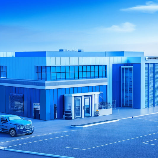 A futuristic self-storage building with sleek, silver panels and gleaming blue accents, surrounded by cranes, excavators, and architects' tables with rolled-up blueprints and 3D models.