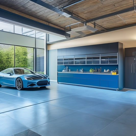 A sleek, modern garage with polished concrete floors, featuring a row of floor-to-ceiling, high-gloss, dark gray cabinets with chrome handles, surrounded by a few strategically placed sports cars and bicycles.