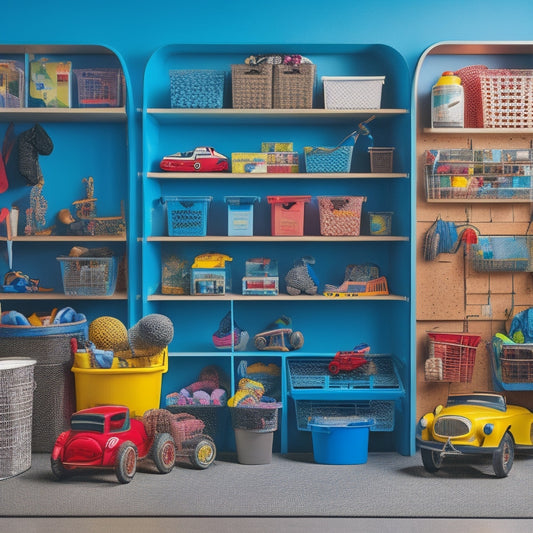 A colorful, well-lit garage with toy-filled bins, labeled baskets, and a pegboard with hooks, showcasing a kid-friendly organization system with toy cars, blocks, and balls neatly arranged.