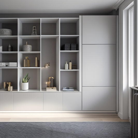 A modern, sleek, and minimalist home with a tailored storage system, featuring floor-to-ceiling shelves, hidden compartments, and custom cabinetry in a calming, monochromatic color palette.