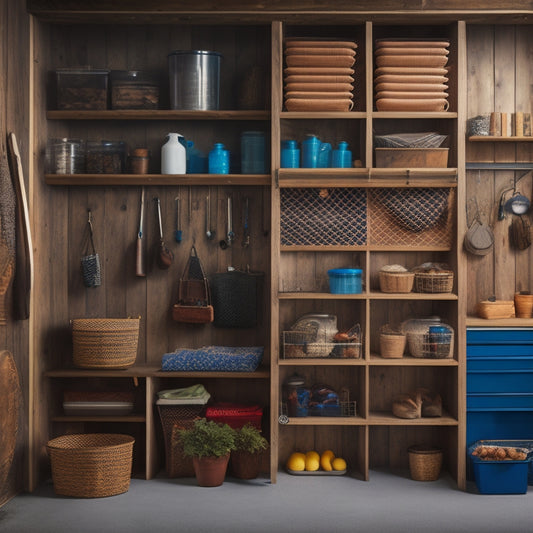 A tidy garage with a pegboard covered in hooks, bins, and baskets, a DIY shelving unit made from reclaimed wood, and a labeled storage cabinet with a sliding door.