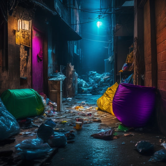 A dimly lit, cluttered alleyway with discarded trash bags, broken furniture, and shattered glass, juxtaposed with a vibrant, glowing art piece emerging from the chaos, made from repurposed materials.
