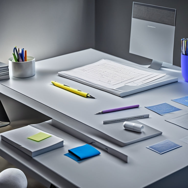 A futuristic, minimalist desk with a sleek, silver pen lying horizontally across a crisp, white sheet of paper, surrounded by scattered, colorful sticky notes and a few, strategically placed, inspirational quotes etched onto the surface.