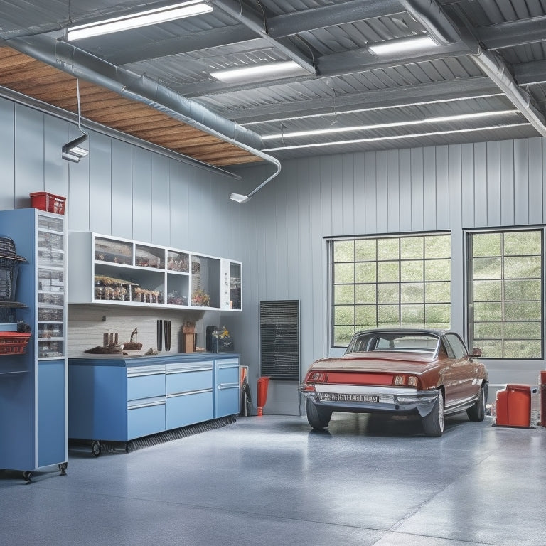 A modern garage interior with sleek, wall-mounted cabinets, a slatted ceiling, and a polished concrete floor, featuring a silver car parked alongside a neatly organized workbench and storage bins.