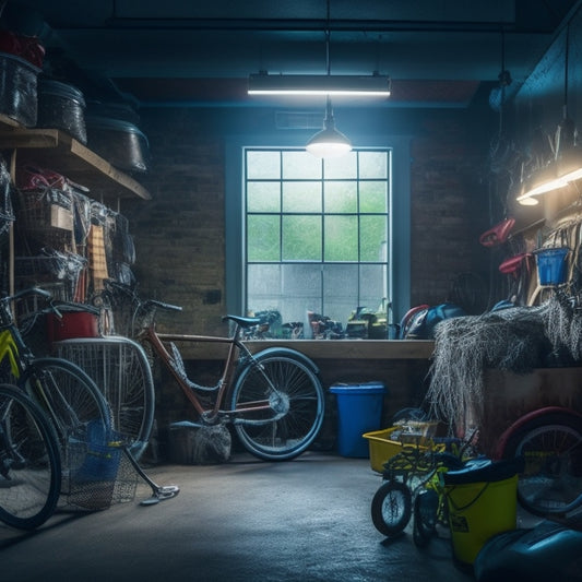 A cluttered garage interior with a bike tangled among storage bins, tools, and sports equipment, surrounded by cobwebs, with a dimly lit single bulb hanging from the ceiling.