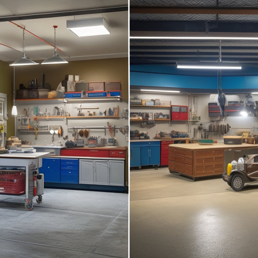 A before-and-after split-screen image: a cluttered, dimly lit garage on the left, and on the right, a transformed space with sleek cabinets, epoxy-coated floors, and a bright, organized workshop area.