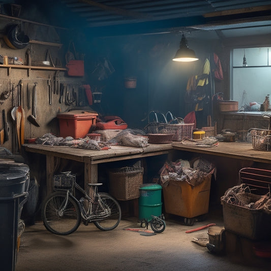 A cluttered garage with scattered tools, bicycles, and storage bins, surrounded by cobwebs, with a prominent workbench in the center, partially hidden by piles of clutter, amidst a dimly lit background.