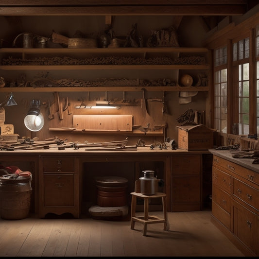 A well-lit, clutter-free woodworking shop with a large, sturdy workbench in the center, adorned with various tools, wood pieces, and a vice, surrounded by wooden cabinets and shelves.
