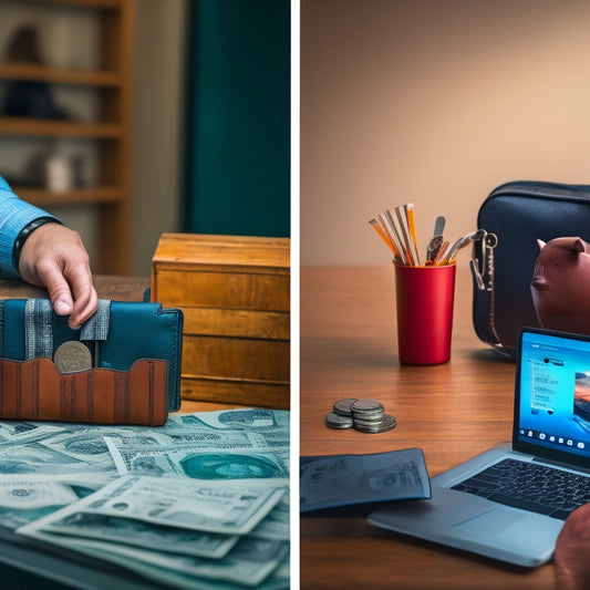 A split-screen image: a person holding an empty wallet on the left, and on the right, a person surrounded by various objects like a laptop, smartphone, and piggy bank, with coins and bills overflowing from them.