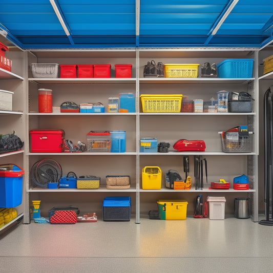 A well-organized garage interior with slatwall panels, baskets, and hooks holding various tools and accessories, surrounded by a sleek epoxy-coated floor and overhead storage racks.